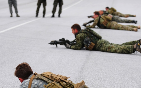 Multiple military personnel in various camouflage uniforms are lying prone on a paved surface in a firing line formation, aiming rifles downrange. The scene appears to be a training exercise with observers standing in the background. At least three different uniform patterns are visible, suggesting a joint or multinational training event.