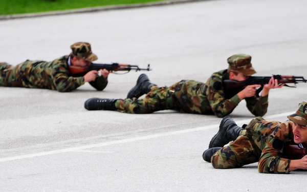 Three soldiers in woodland camouflage uniforms are lying prone on a paved surface in a firing line formation, aiming rifles in the same direction. The scene appears to be a military training exercise or demonstration based on the controlled, uniform positioning of the personnel. The foreground soldier has his mouth open, possibly shouting a command or reacting to the drill.