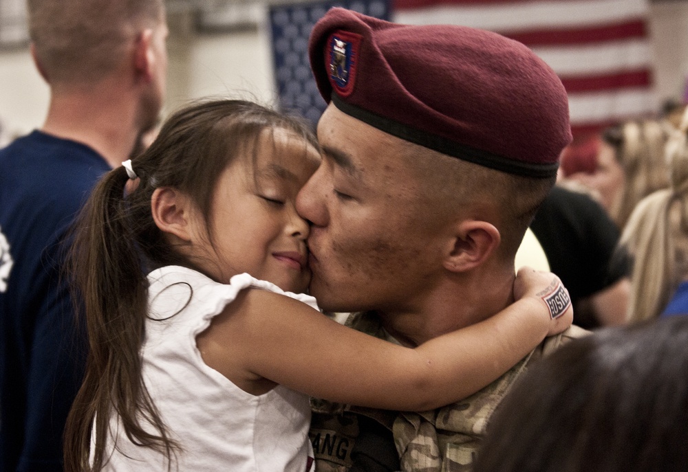 A paratrooper with 2nd Battalion, 505th Parachute Infantry Regiment, 3rd Brigade Combat Team, 82nd Airborne Division reunites