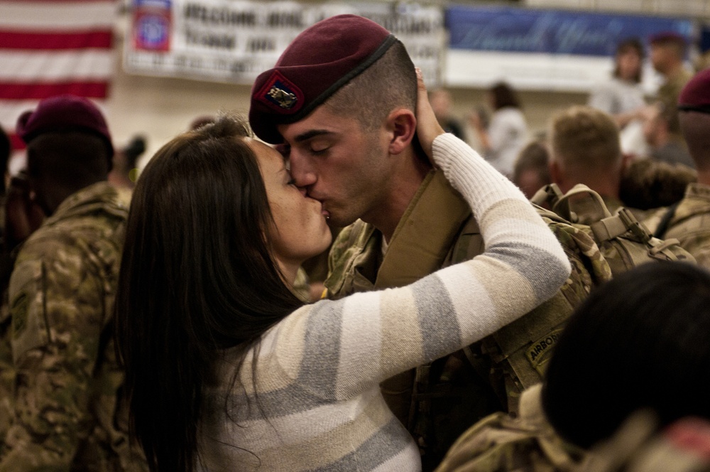 A paratrooper with 2nd Battalion, 505th Parachute Infantry Regiment, 3rd Brigade Combat Team, 82nd Airborne Division reunites