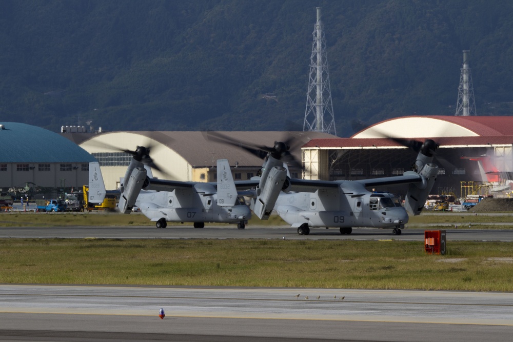 MV-22 Osprey fly to Marine Corps Air Station Futenma