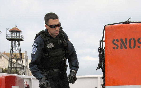 Coast Guard K-9 conducting sweep of Alcatraz Island Ferry