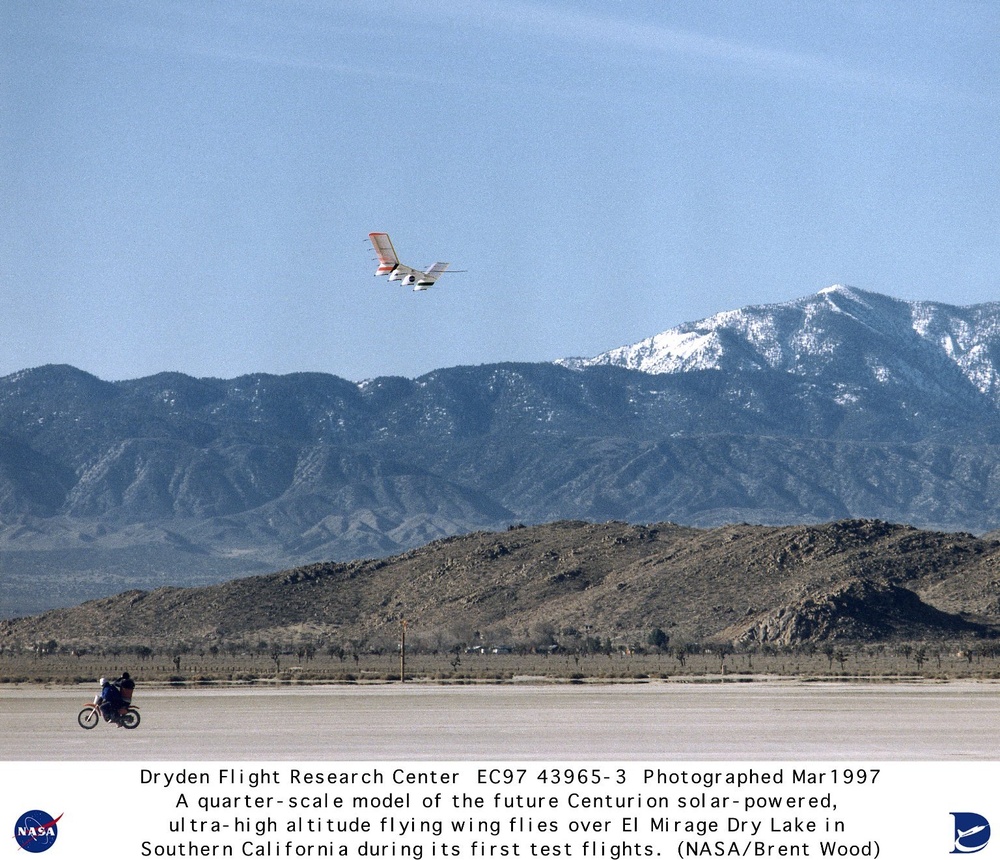 Quarter-scale Model of Solar-powered Centurion Ultra-high-altitude Flying Wing in Flight during Firs