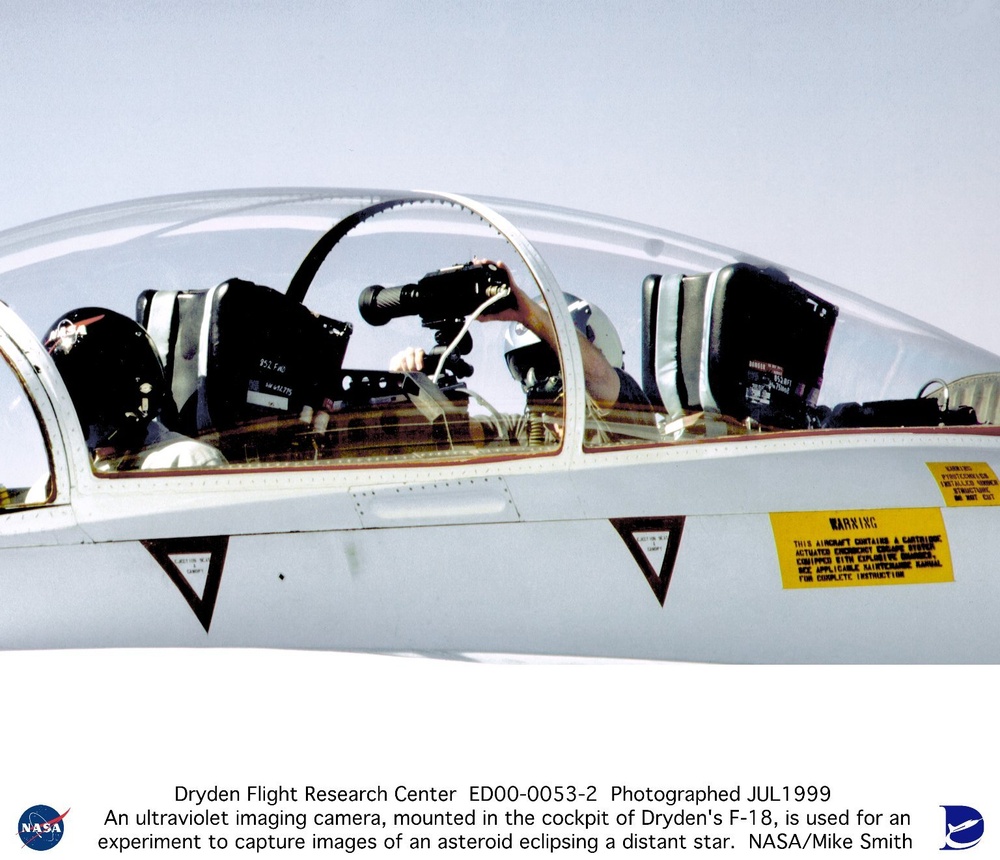 Dryden F-18 cockpit closeup showing an ultraviolet imaging camera used for an experiment to capture