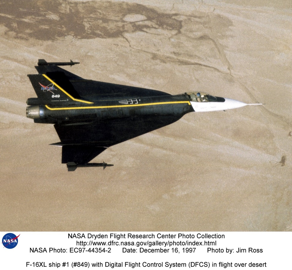 F-16XL ship #1 (#849) with Digital Flight Control System (DFCS) in flight over desert