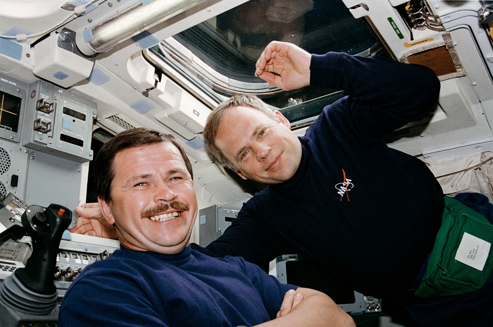 Budarin and Solovyev on aft flight deck