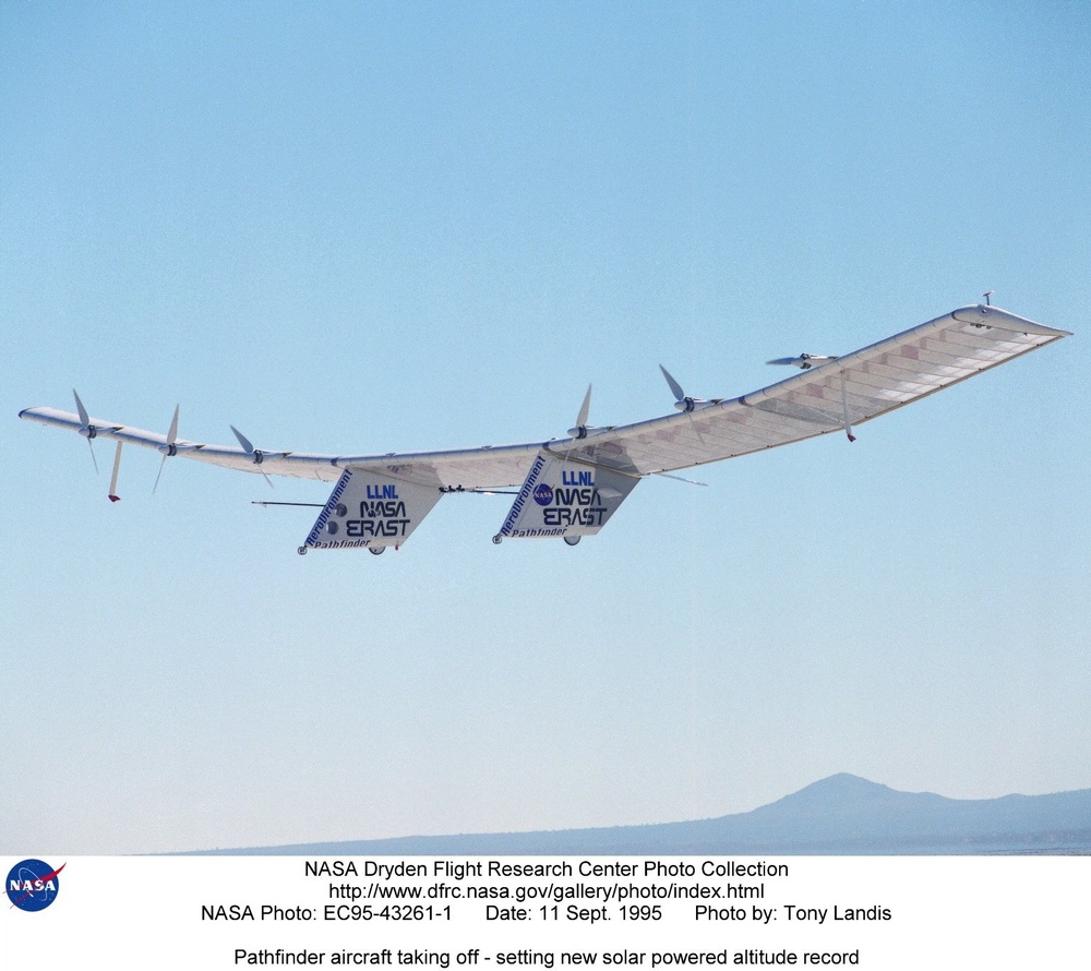 Pathfinder aircraft taking off - setting new solar powered altitude record