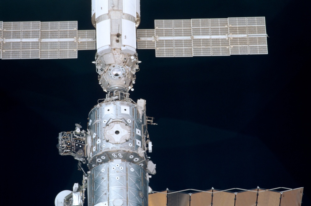 The U.S. Lab, FGB and Node 1 taken during the initial approach of Endeavour for STS-100