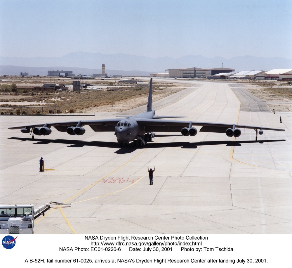 A B-52H, tail number 61-0025, arrives at NASA's Dryden Flight Research Center after landing July 30