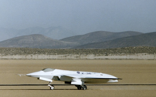 X-36 Tailless Fighter Agility Research Aircraft on lakebed during high-speed taxi tests