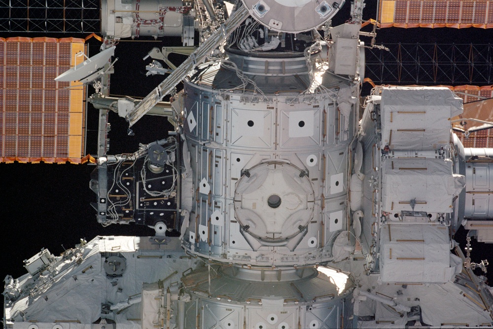View of the nadir side of the Node 1, Airlock and U.S. Laboratory taken during STS-110