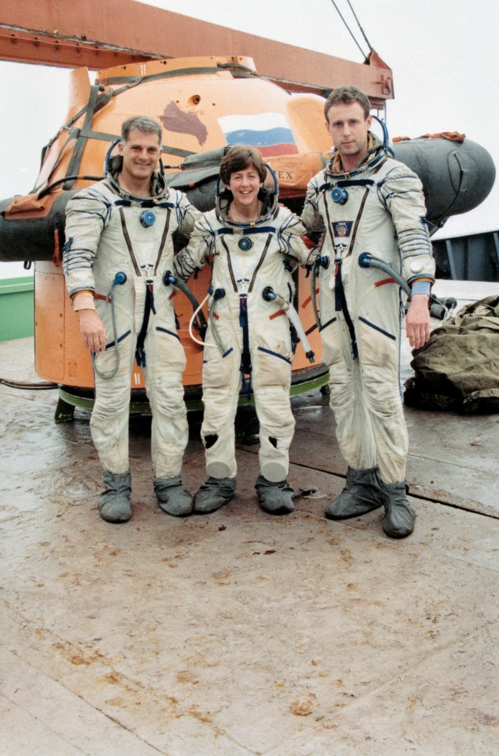 Dave Wolf and Wendy Lawrence training in Russia, also STS-86 on crawler