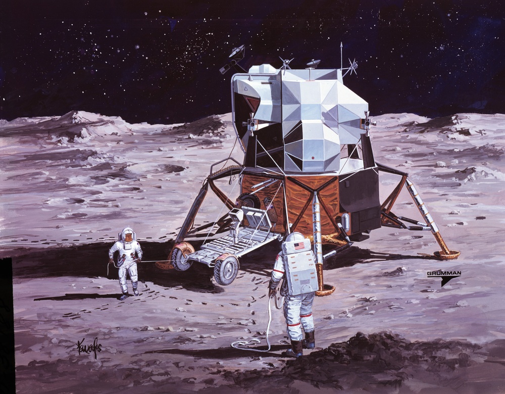 Artist's concept of Apollo 15 crewmen performing deployment of LRV