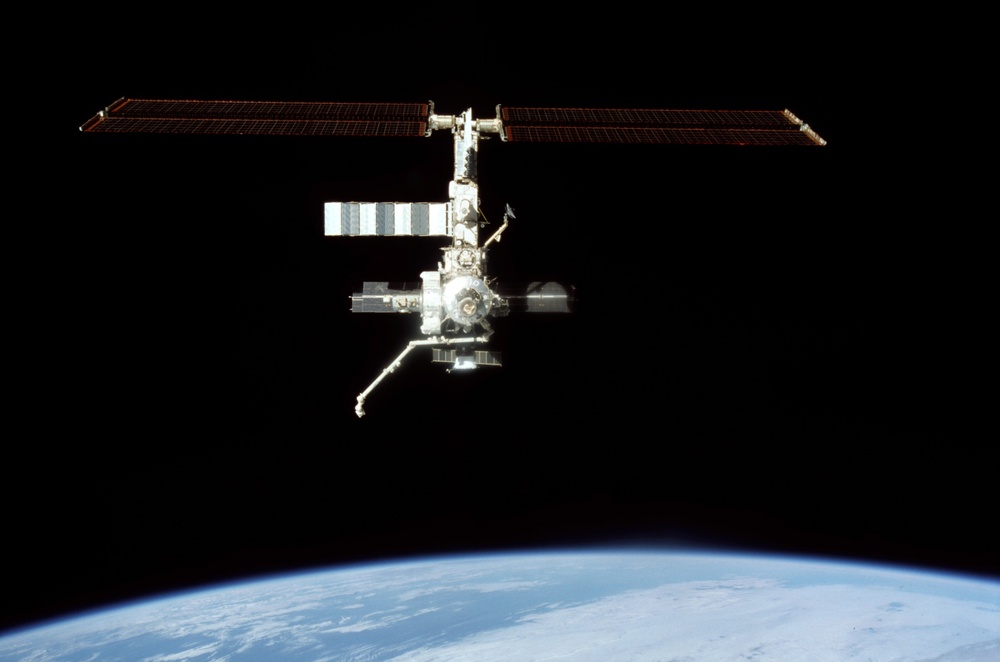 The forward side of the ISS taken during the STS-108 undocking and flyaround