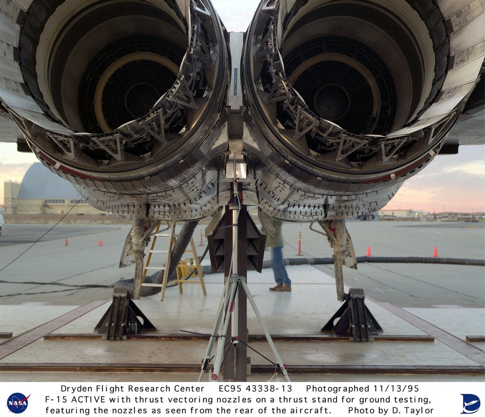 F-15B ACTIVE with thrust vectoring nozzles on test stand view from rear