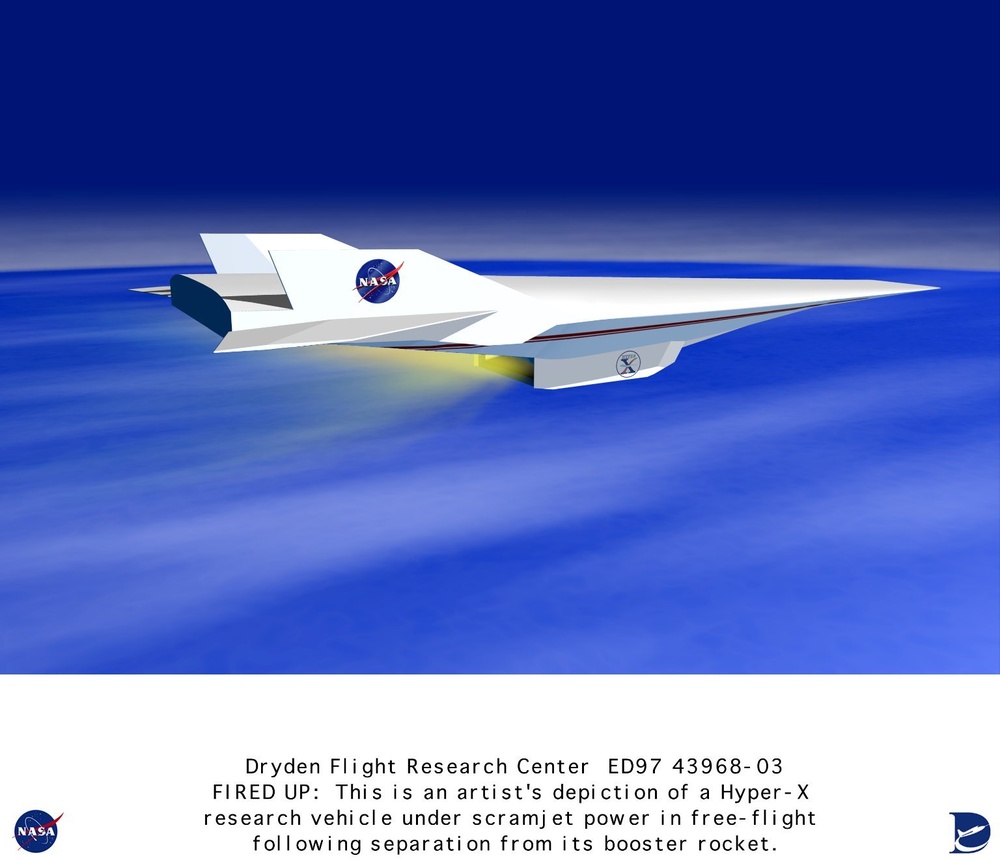 Hyper-X ED97-43968-1: Computational Fluid Dynamics (CFD) Image of Hyper-X  Research Vehicle at Mach 7 with Engine Operating