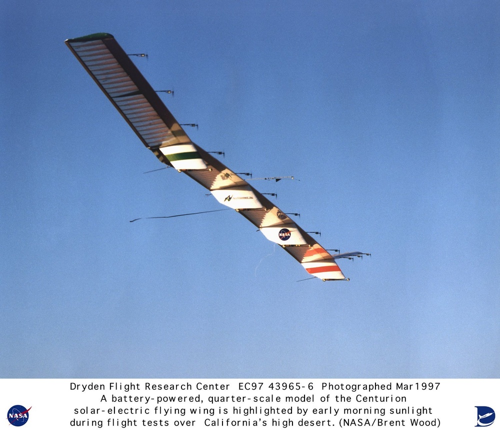 Quarter-scale Model of Solar-powered Centurion Ultra-high-altitude Flying Wing in Flight during Firs