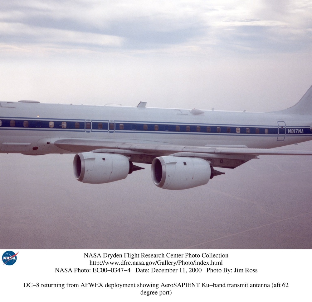 DC-8 returning from AFWEX deployment showing AeroSAPIENT Ku-band transmit antenna (aft 62 degree por