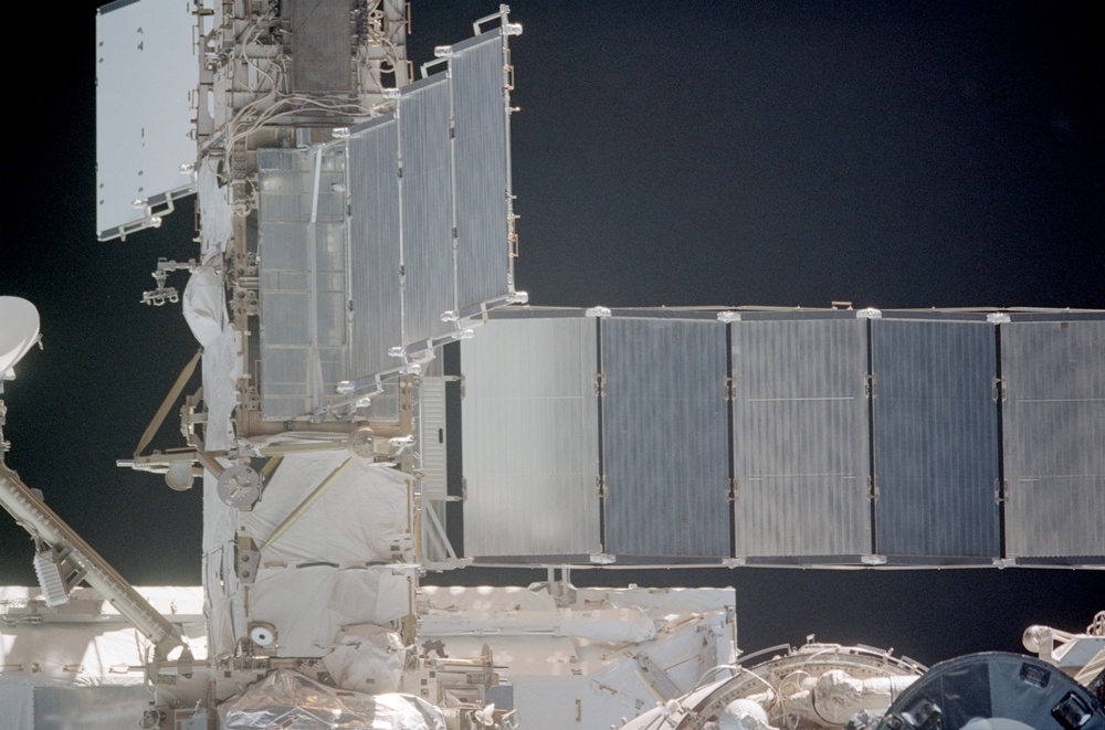 View of the aft nadir side of the P6 Truss and S0 Truss taken during STS-110