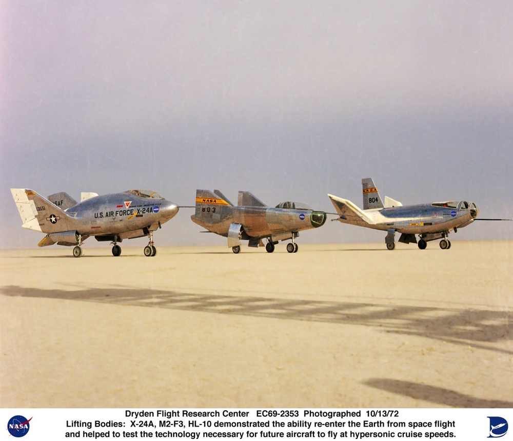 Three Lifting Bodies on Lakebed (X-24A, M2-F3, HL-10)