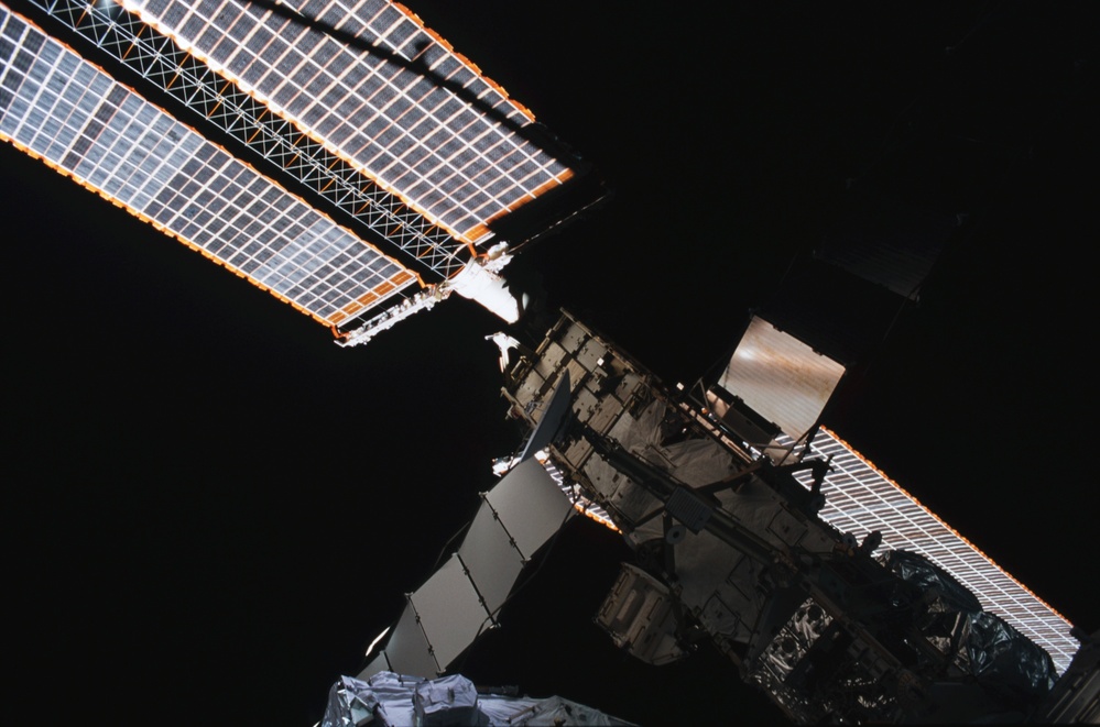 View of the port side of the P6 and Z1 Trusses taken during the second EVA of STS-110