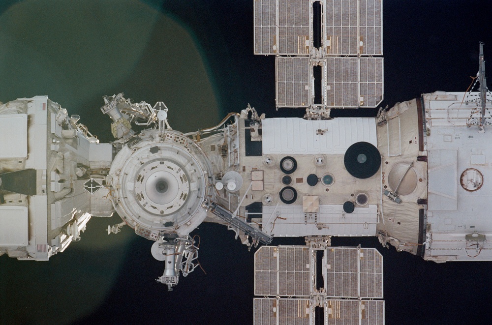 View of the nadir side of the FGB, Service Module and Pirs taken during STS-110