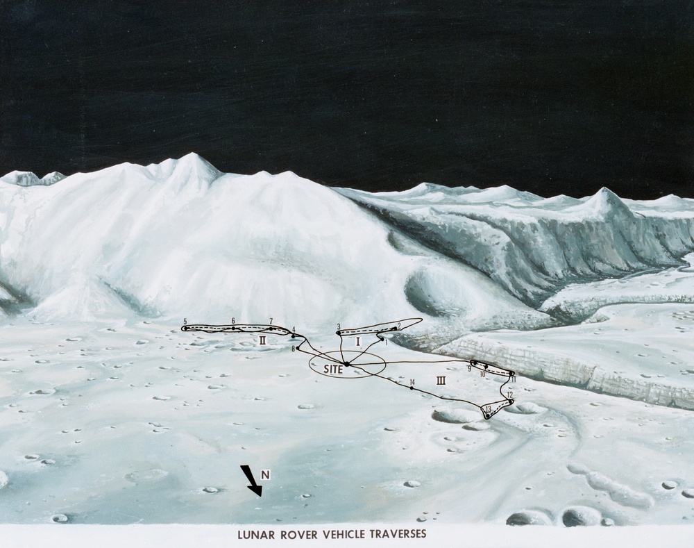 Artist's concept of Hadley-Apennine landing site with LRV traverses outlined