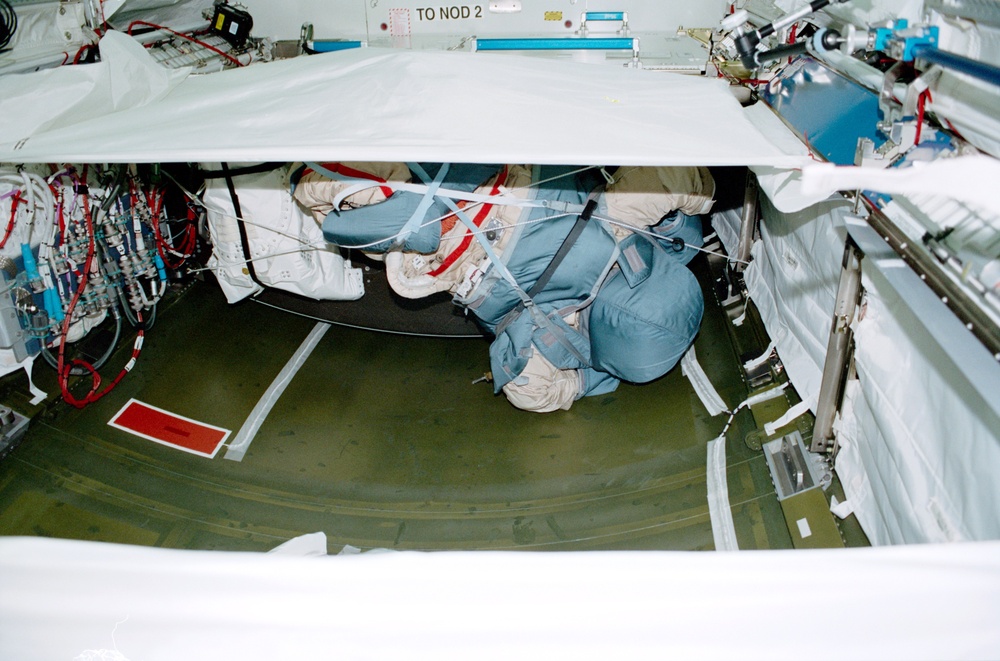 Russian Orlan suit stowed in the U.S. Lab