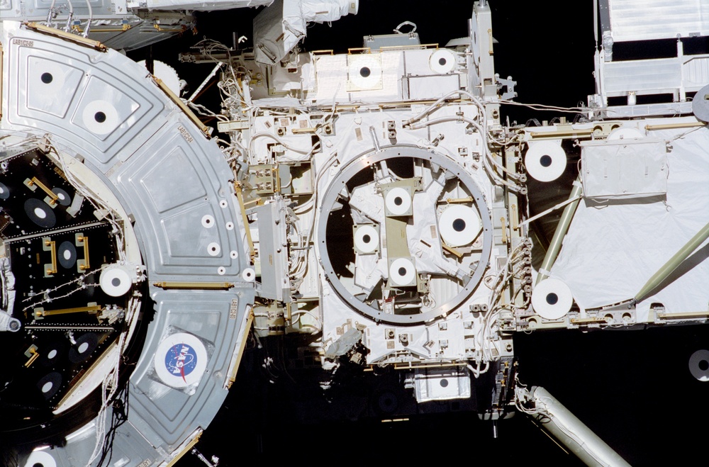 The forward side of the ISS taken during the STS-108 undocking and flyaround