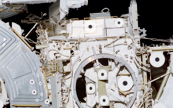 The forward side of the ISS taken during the STS-108 undocking and flyaround