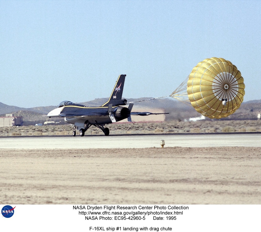 F-16XL ship #1 landing with drag chute
