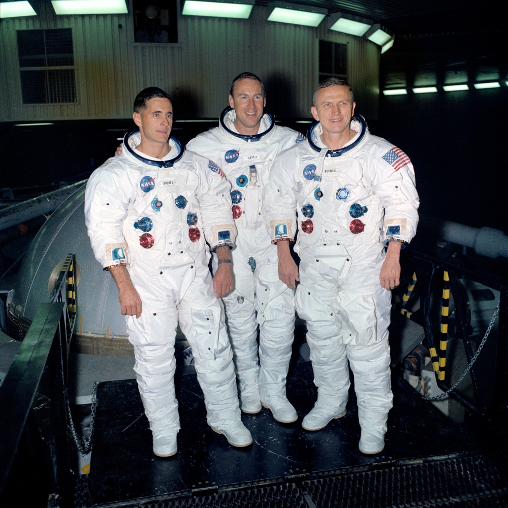 Apollo 8 prime crew stand beside gondola for centrifuge training