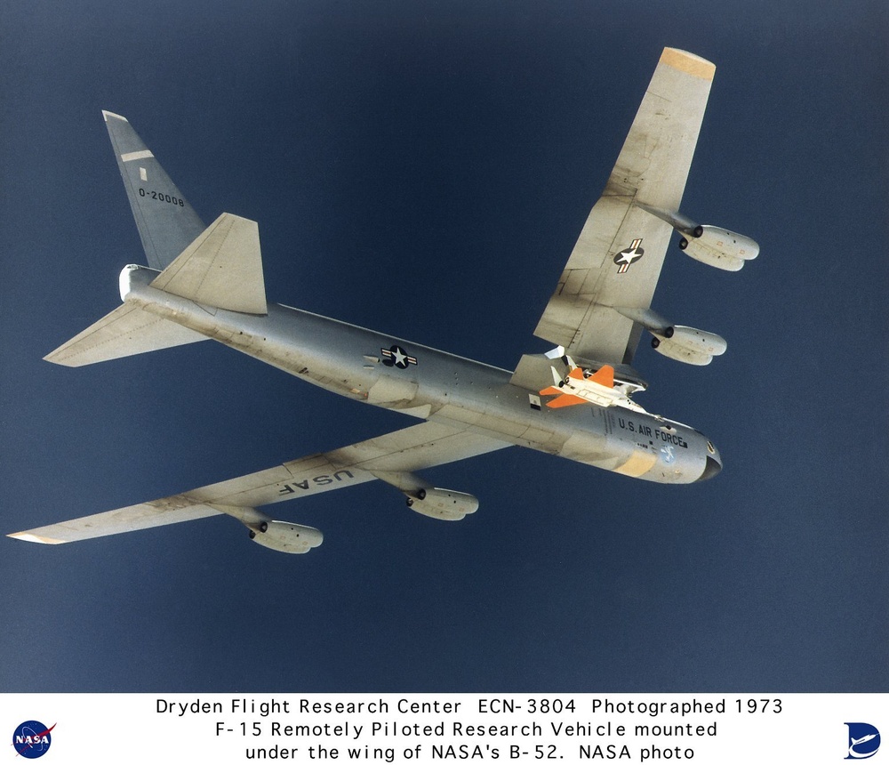 F-15 RPRV Attached Under the Wing of the B-52 Mothership in Flight