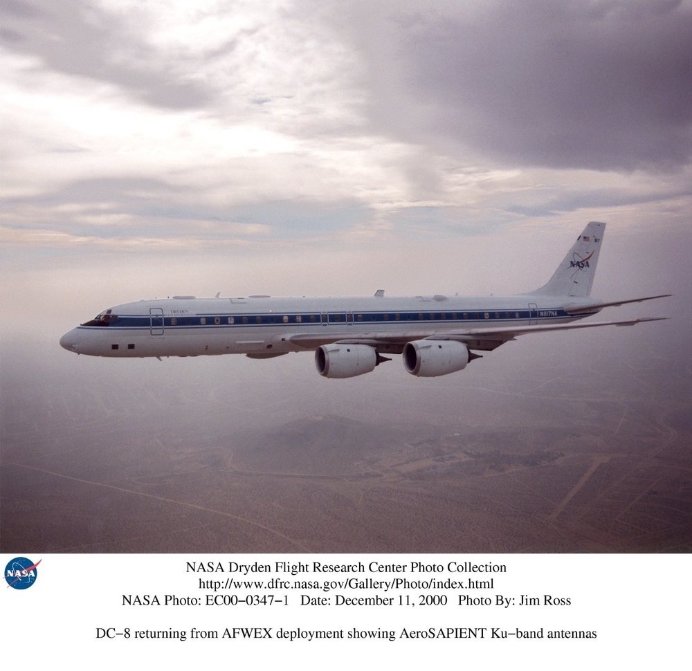 DC-8 returning from AFWEX deployment showing AeroSAPIENT Ku-band antennas