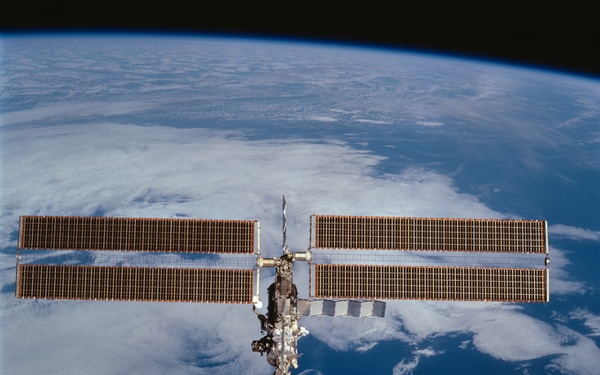 Zenith view of the ISS taken during the final flyaround of the STS-100 mission