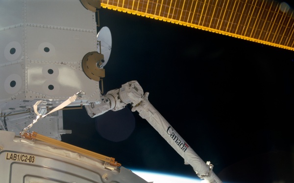 View of the SSRMS grappling the SLP during the STS-100 mission