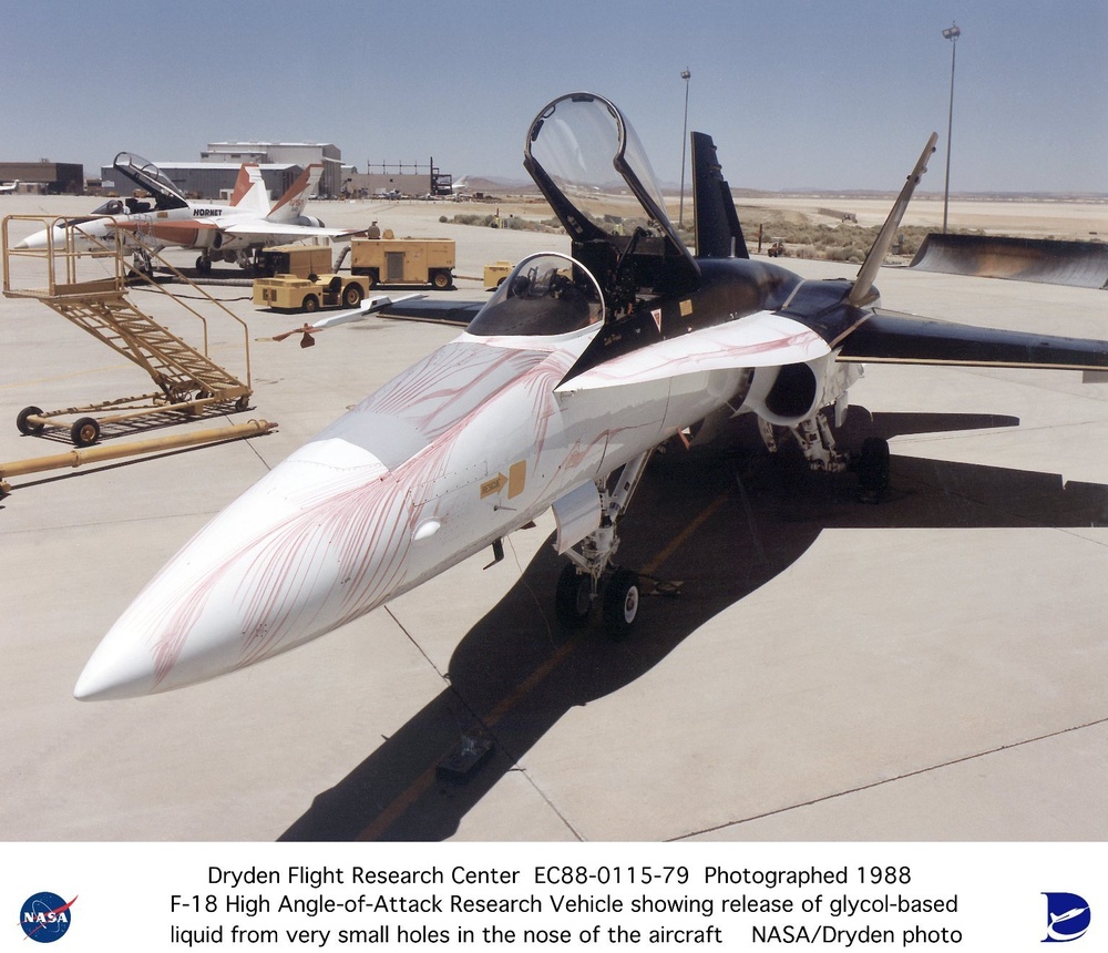 F-18 HARV forebody surface flow visualization using dye flow