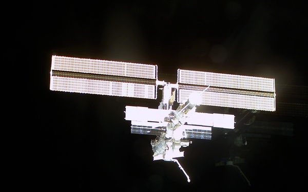 The aft side of the ISS taken during the STS-108 undocking and flyaround