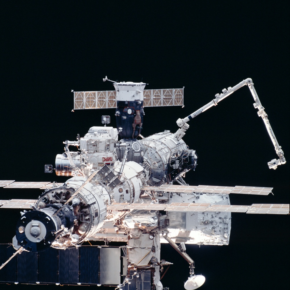 View of the aft - nadir side of the ISS taken during STS-110's flyaround