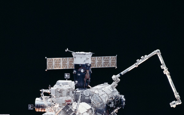 View of the aft - nadir side of the ISS taken during STS-110's flyaround