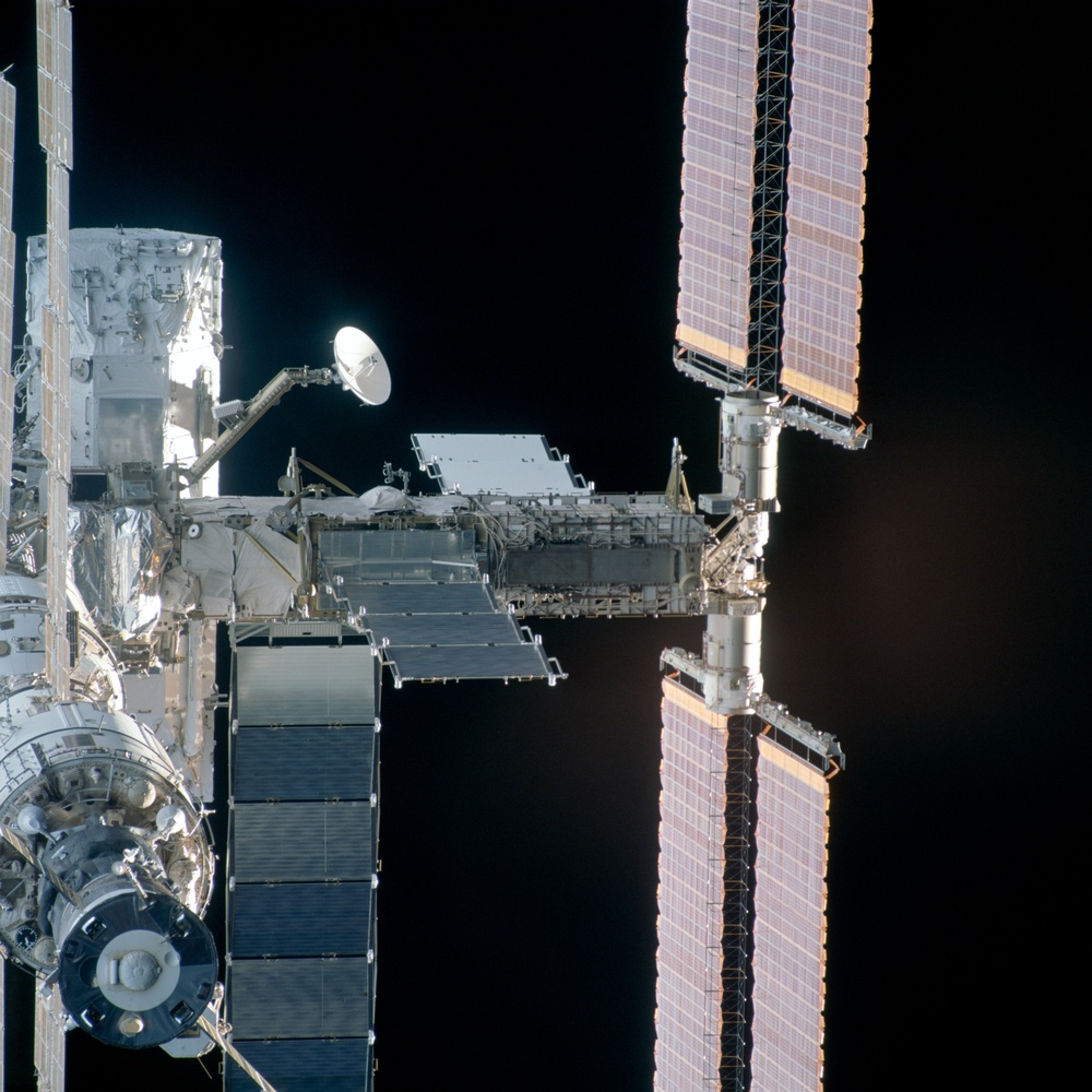 View of the aft - nadir side of the ISS taken during STS-110's flyaround