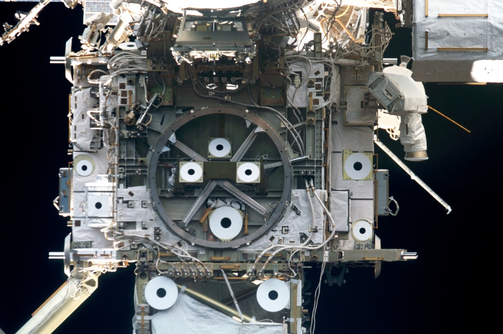 View of the forward side of the Z1 Truss taken during STS-110