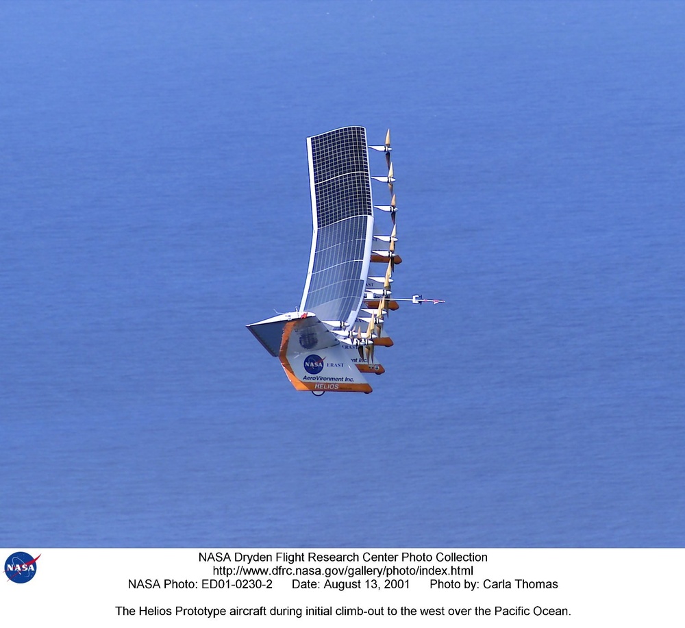 The Helios Prototype aircraft during initial climb-out to the west over the Pacific Ocean.