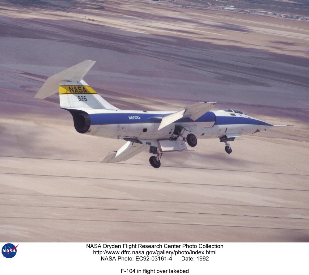 F-104 in flight over lakebed