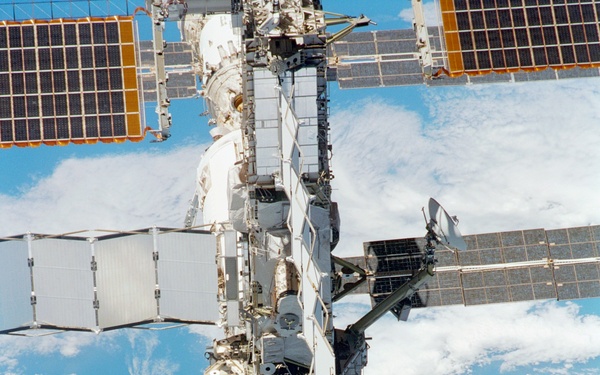 The zenith - forward side of the ISS taken during the STS-108 undocking and flyaround