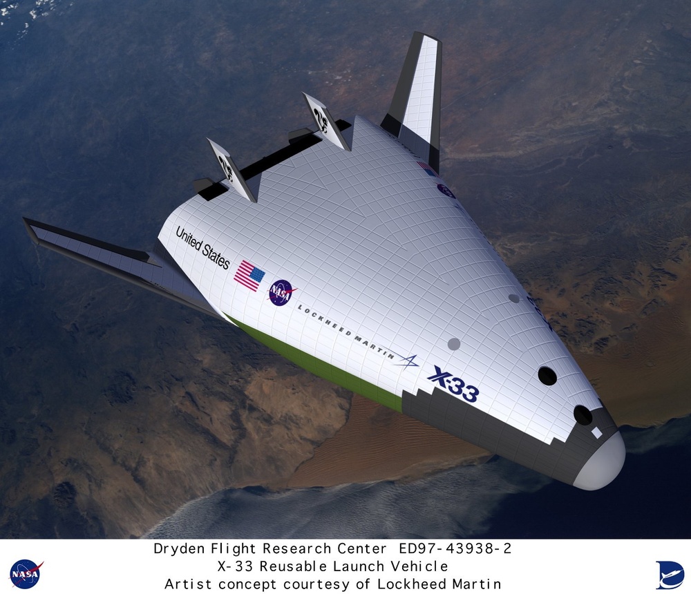 Computer graphic of Lockheed Martin X-33 Reusable Launch Vehicle (RLV)