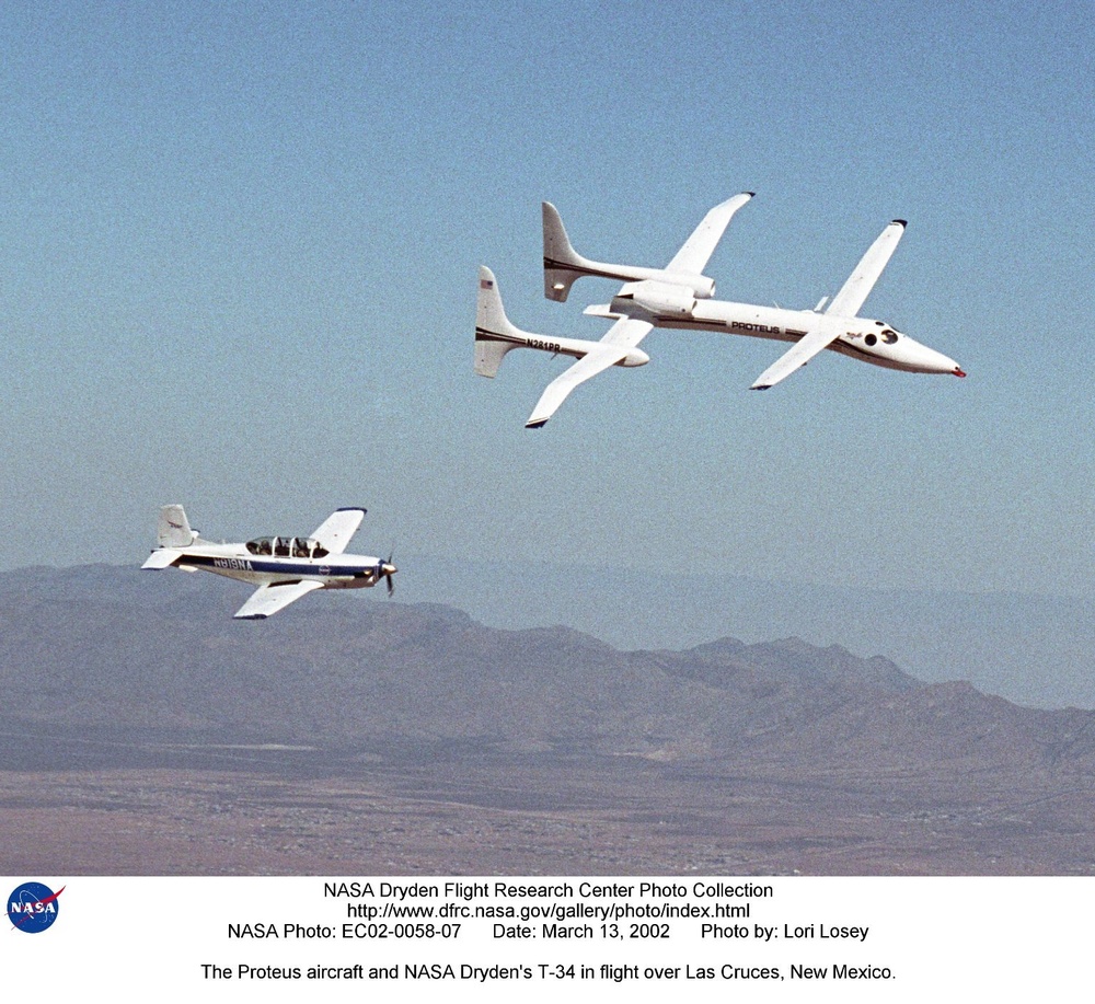 The Proteus aircraft and NASA Dryden's T-34 in flight over Las Cruces, New Mexico.