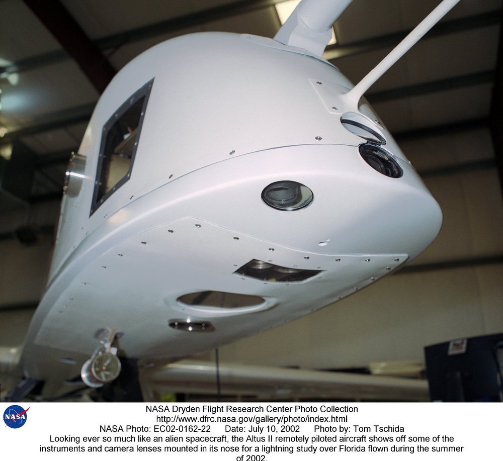 Looking ever so much like an alien spacecraft, the Altus II remotely piloted aircraft shows off some