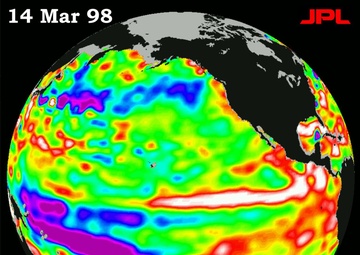 TOPEX/El Nio Watch - Satellite shows El Nio-related Sea Surface Height, Mar, 14, 1998