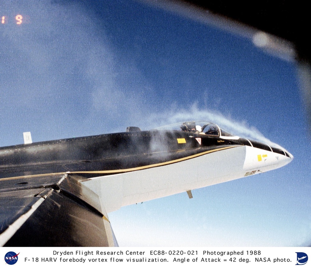 F-18 HARV forebody vortex flow visualization at 42 degree angle of attack